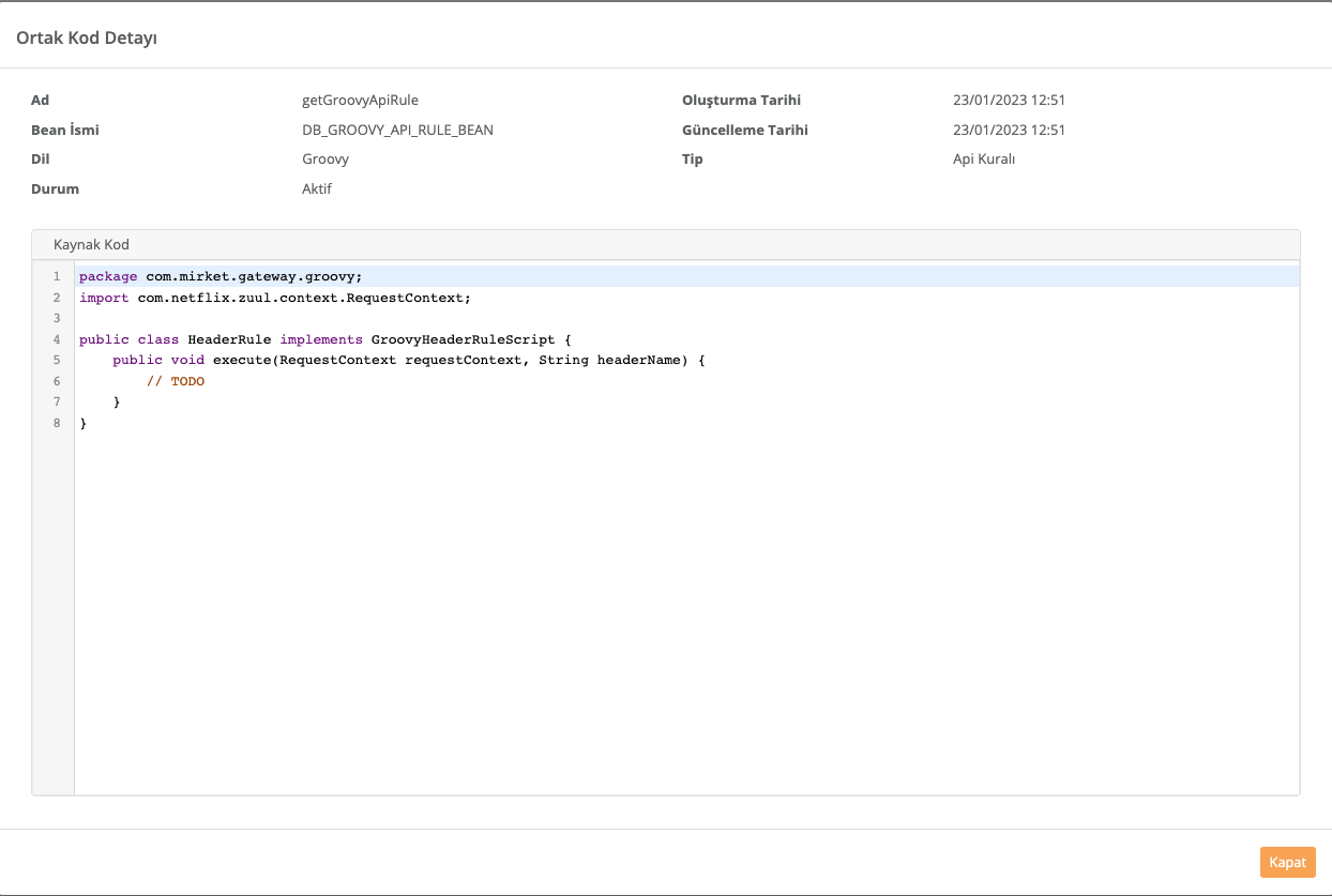 Ortak Kodlar Header Rule Script Groovy Görüntüleme