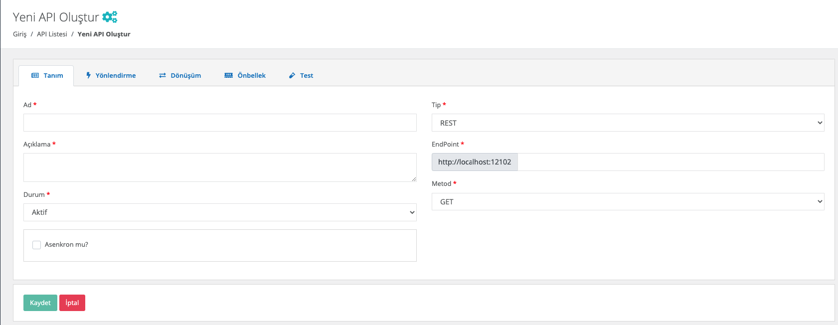 API Oluşturma Ekranı