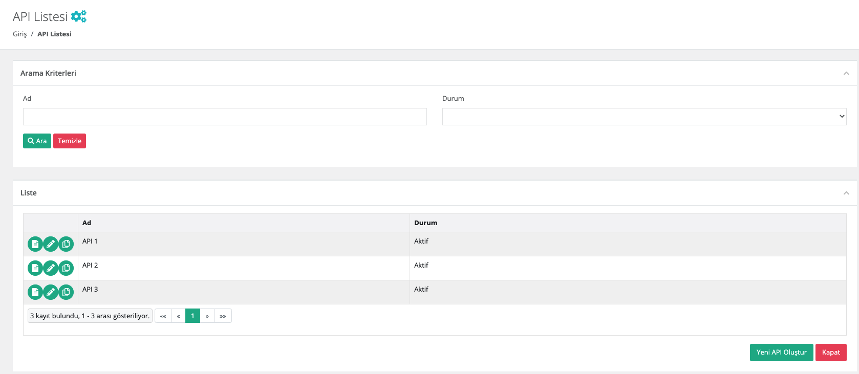 API Listeleme Ekranı