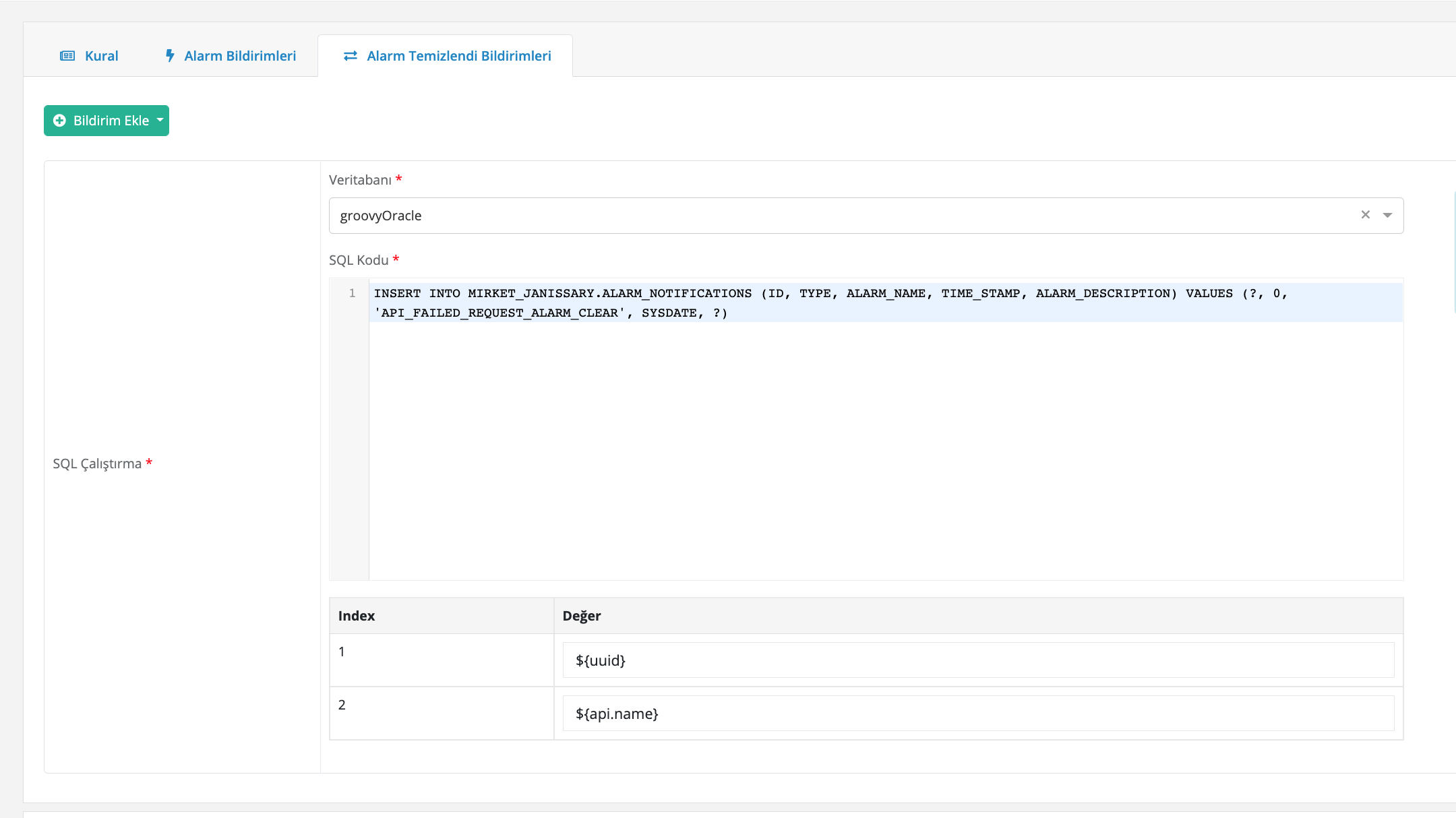 Alarm Temizlendi Bildirimleri SQL Çalıştırma